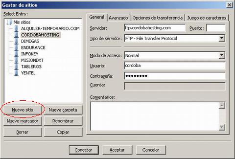 Subir archivos al servidor FTP - Gestor de sitios de Filezilla